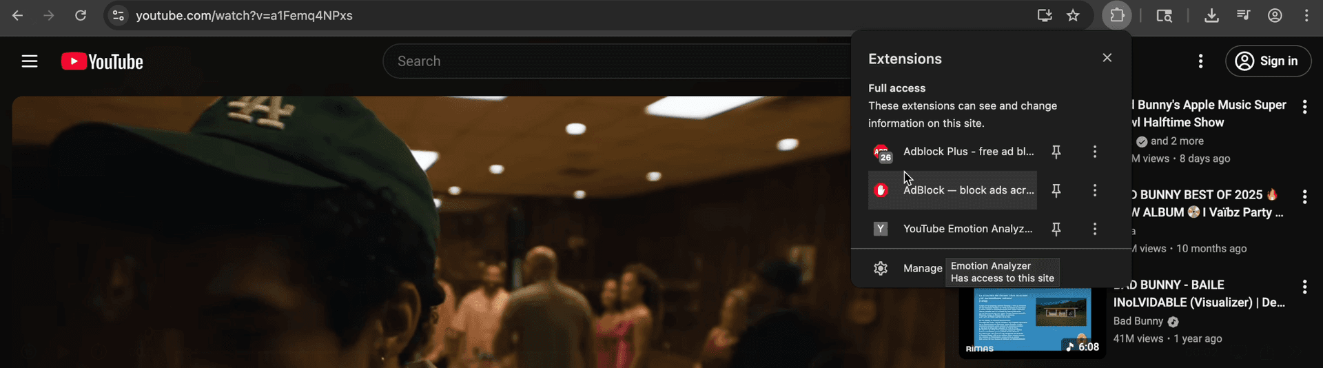 YouTube Emotion Analyzer extension in use showing the side panel